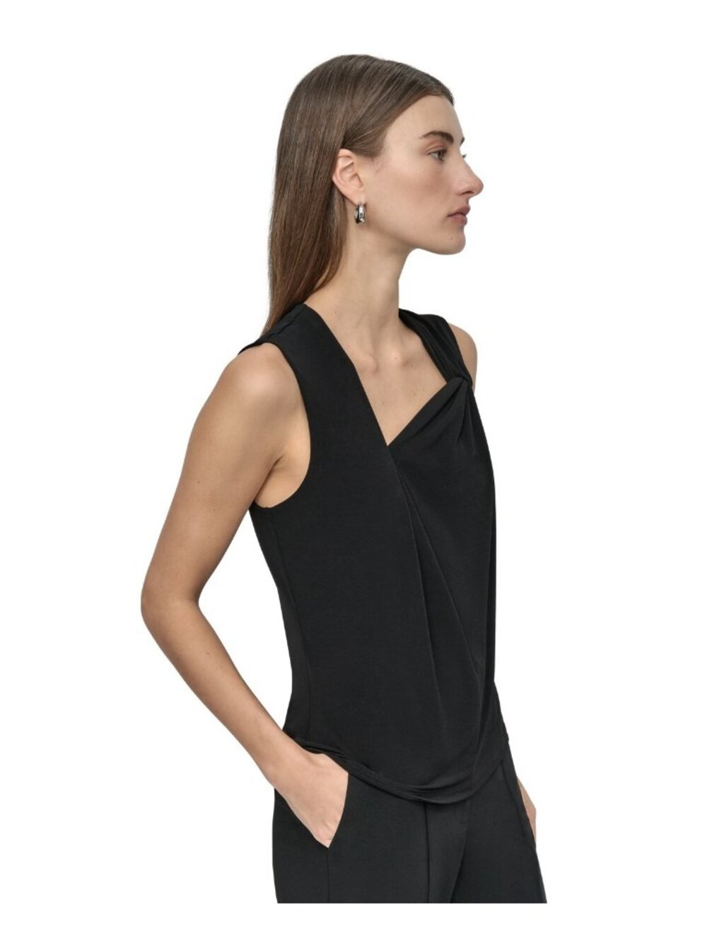 DKNY Asymmetric Strap drape Sleeveless polyester Top Black Petite Size PXL $59 - Picture 5 of 6